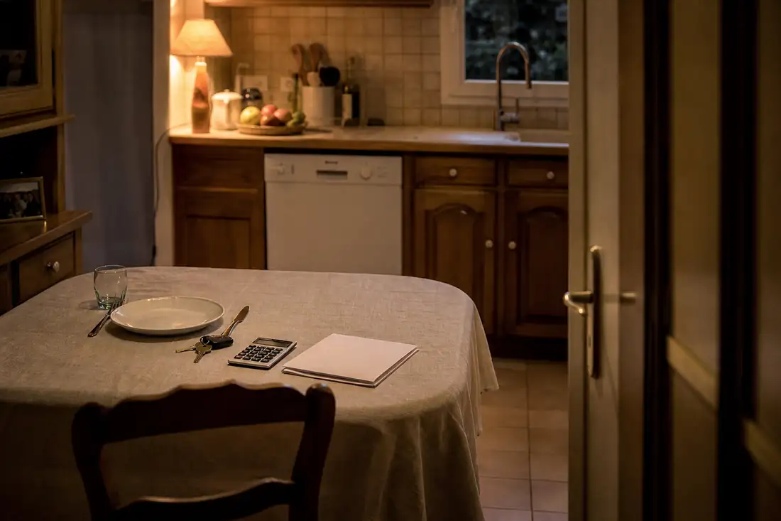 Cuisine d’une maison familiale le soir, clés, calculatrice et relevés bancaires posés sur la table près d’un seul couvert