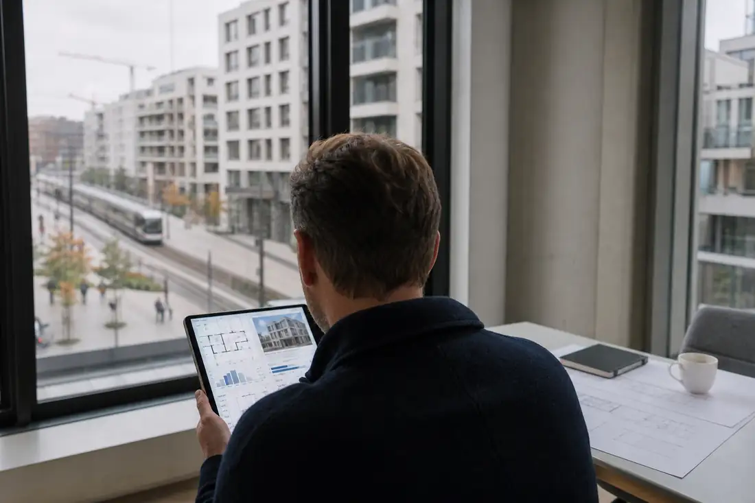 Gestionnaire immobilier consultant des données locatives dans un quartier urbain moderne desservi par un tramway.