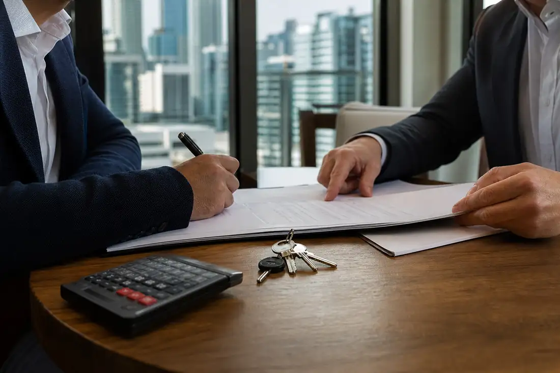Investisseur et conseiller examinant les documents d’achat d’un appartement canadien avant signature.