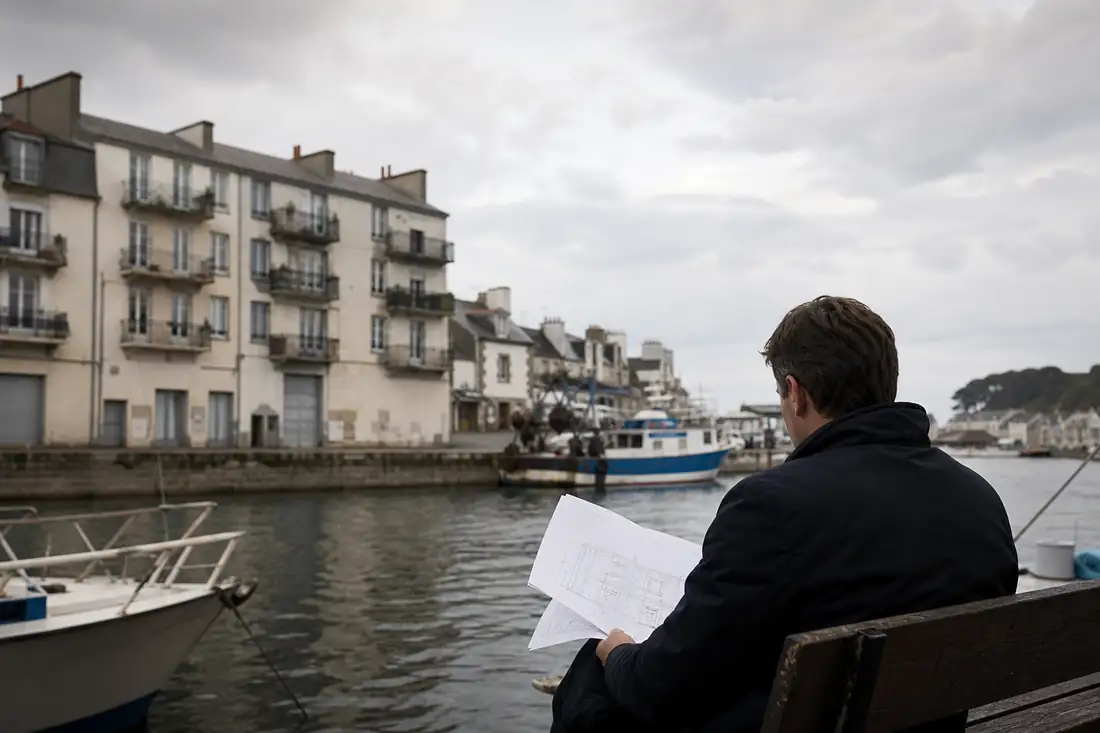 Immeuble d’habitation près d’un port français, avec quais, bateaux amarrés et architecture maritime.