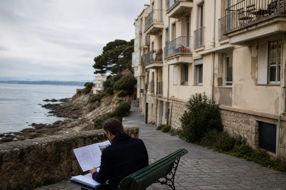 Immeuble résidentiel près du littoral et acquéreur consultant des documents avant un investissement locatif.
