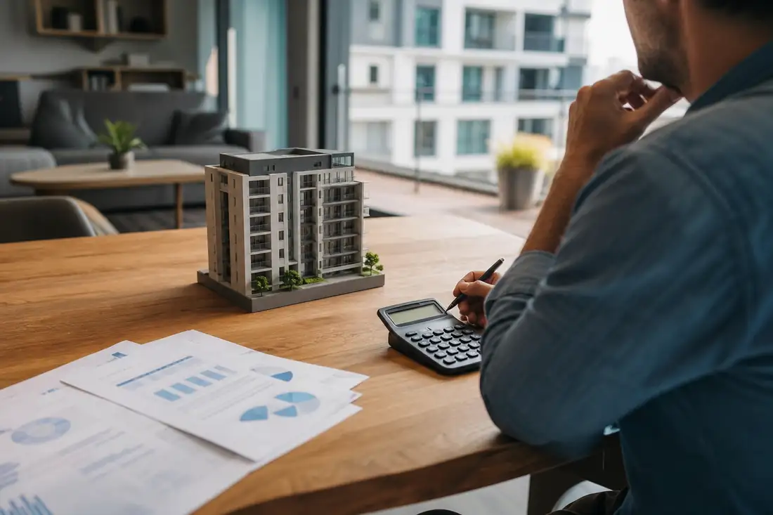Investisseur examinant des documents de SCPI et une maquette d’immeuble dans un appartement lumineux.