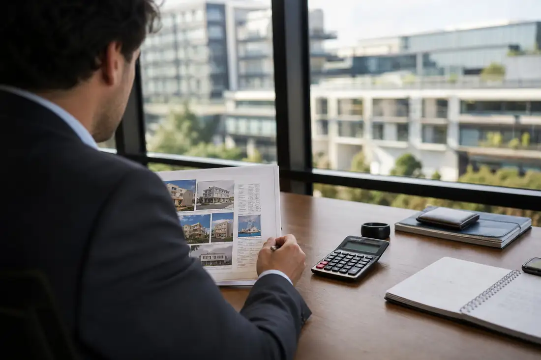 Investisseur examinant un portefeuille immobilier et une calculatrice devant des immeubles de bureaux flous.
