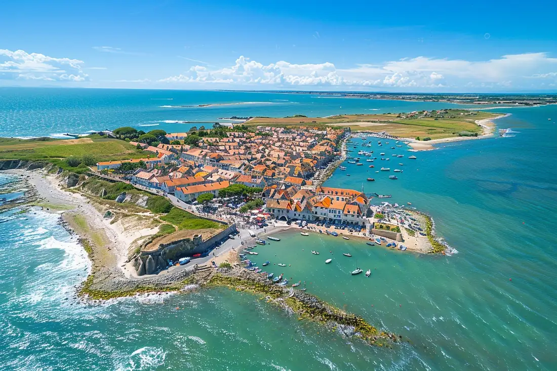 Maison en pierre aux volets verts sur l’île de Ré, avec vélos et documents d’achat immobilier posés dehors.