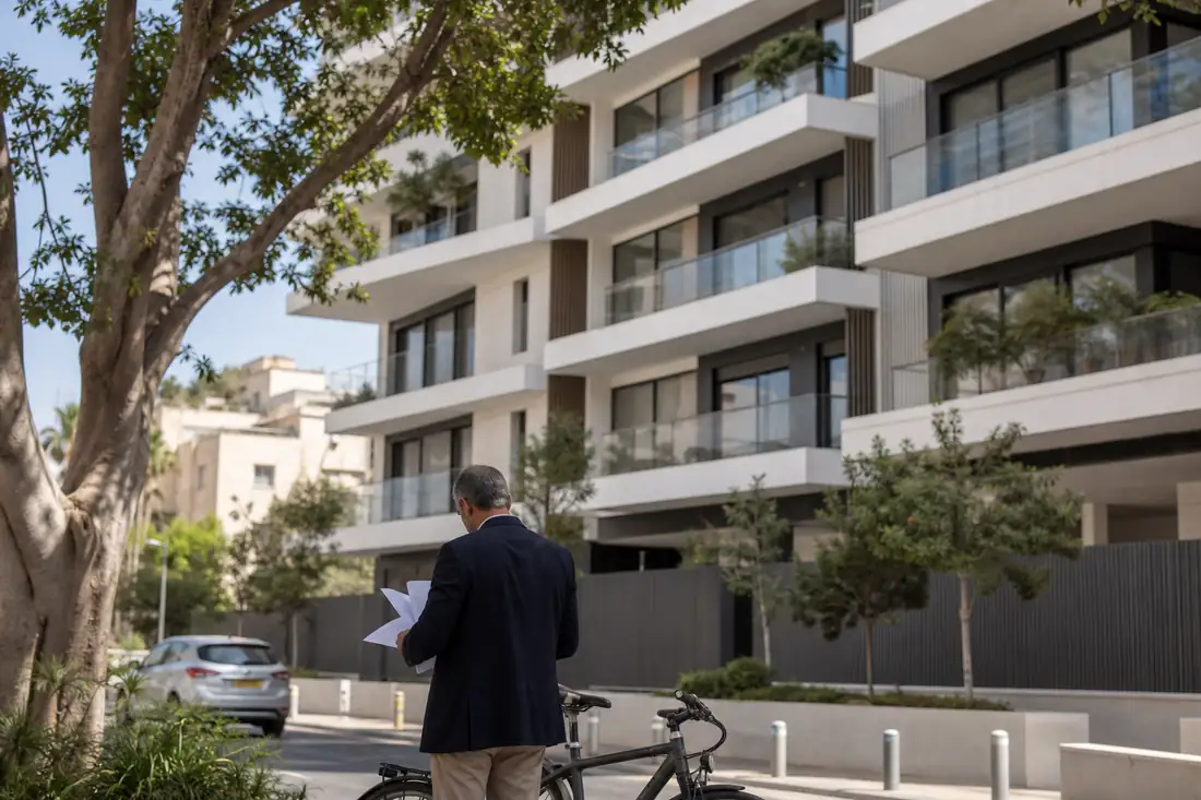 Immeubles résidentiels récents à Tel-Aviv, appartements achevés et rue calme au pied des façades.