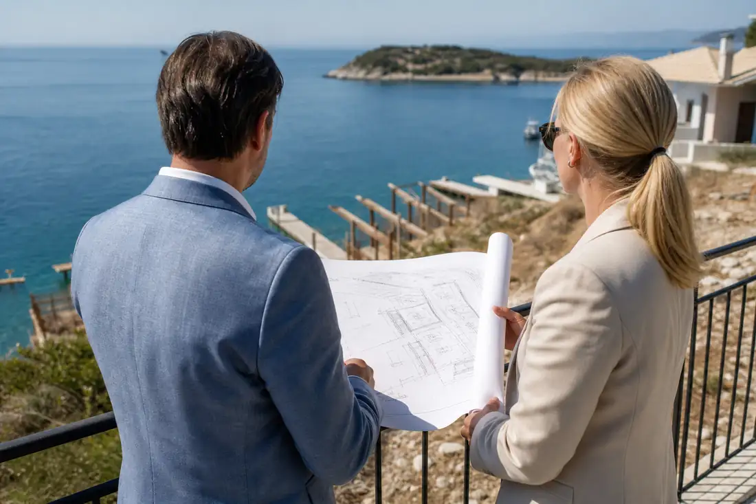 Littoral rocheux près de Vlorë avec île au large et professionnels examinant un projet de resort.