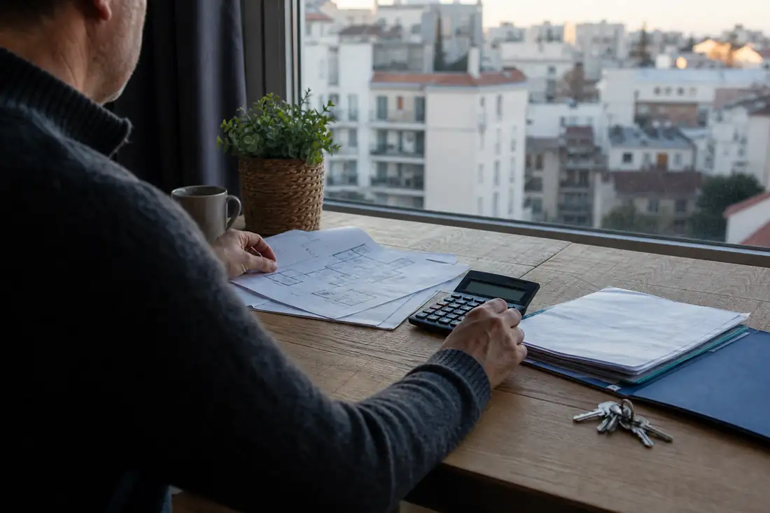 Investisseur examinant ses plans de financement et des clés sur une table, devant un quartier résidentiel.