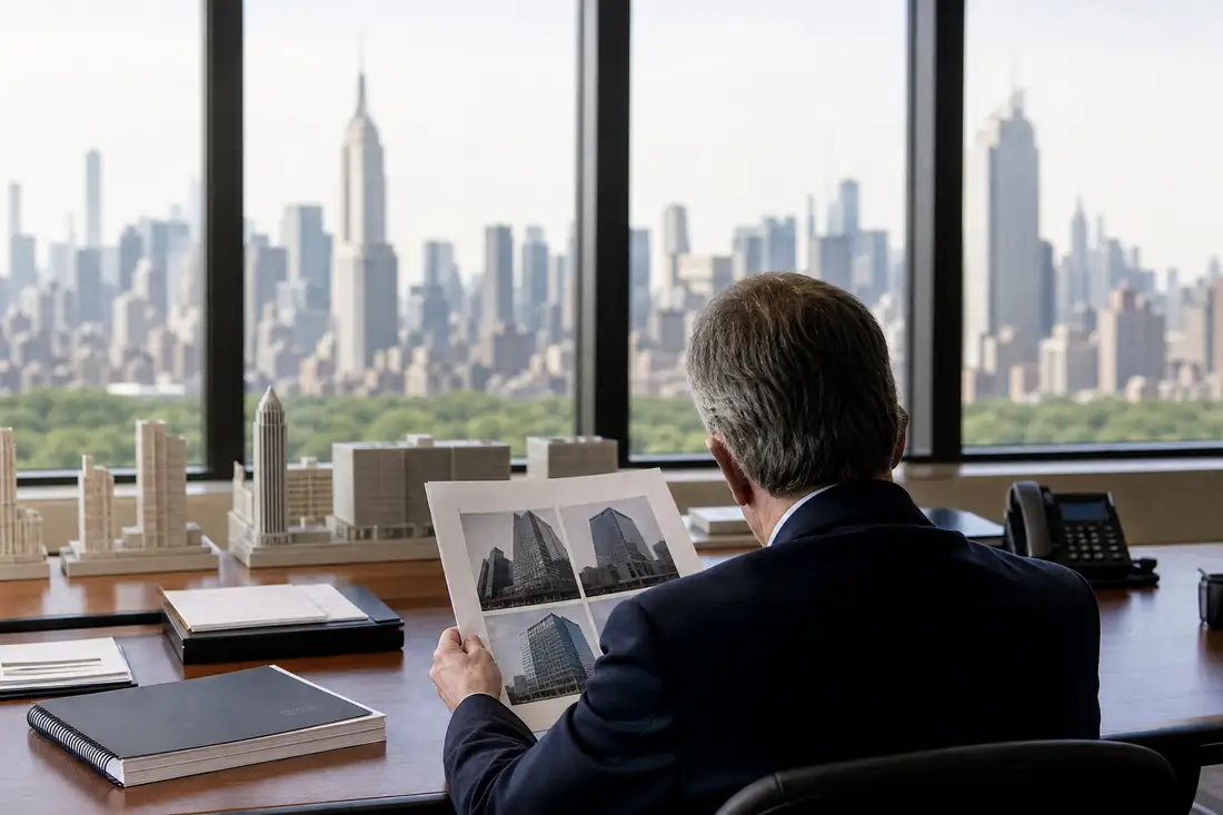 Bureau de gestion d’actifs immobiliers avec dossiers de portefeuille et vue urbaine à travers de grandes baies vitrées.