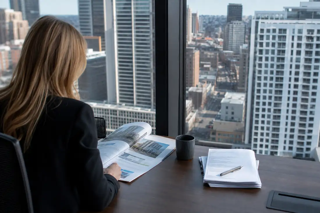 Dirigeante observée de dos dans un bureau face à des immeubles urbains et des dossiers immobiliers.