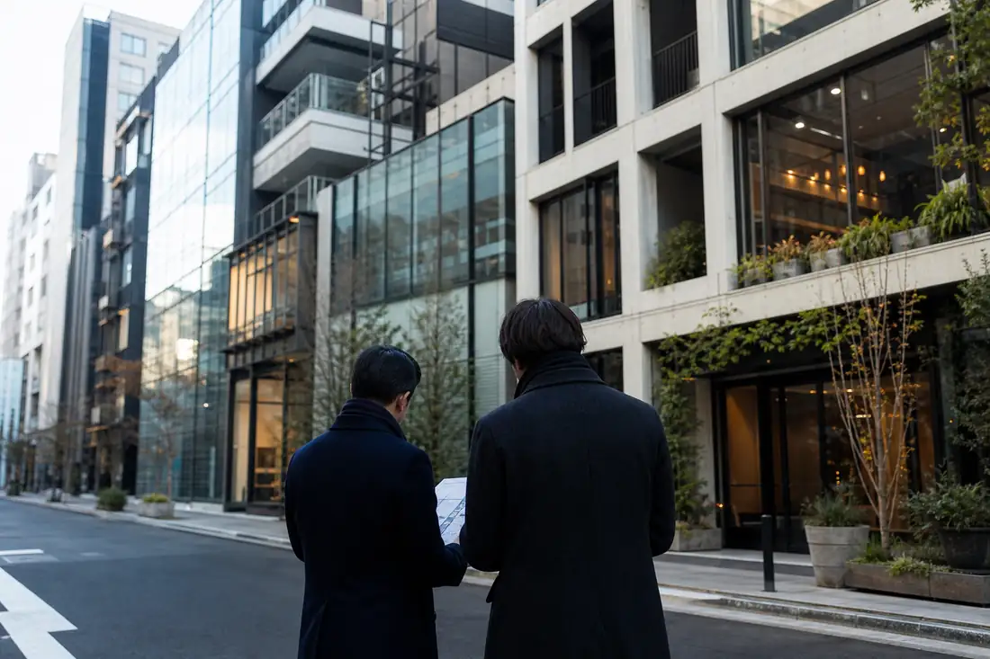 Immeubles de bureaux et commerces dans un quartier d’affaires japonais, observés par deux investisseurs de dos.