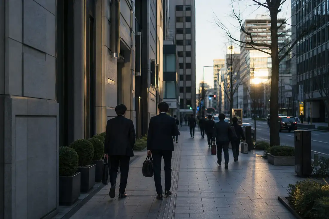 Quartier d’affaires japonais avec immeubles de bureaux et commerces, illustrant une acquisition de foncière.