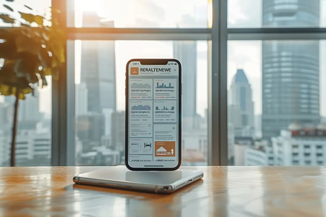 Main tenant un smartphone avec alertes immobilières devant des immeubles résidentiels en ville.