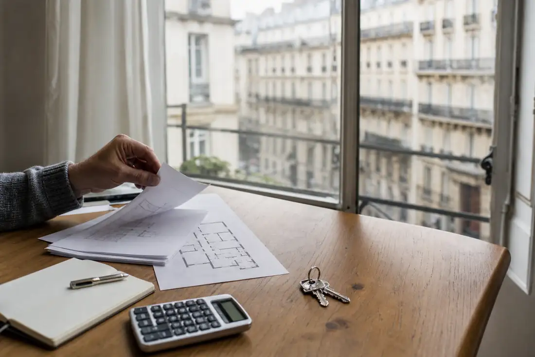 Façades d’immeubles haussmanniens et dossier d’achat illustrant un investissement locatif à Paris.