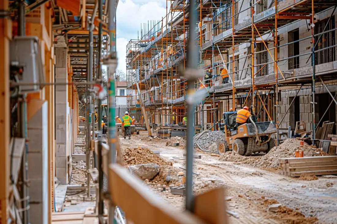 Immeuble collectif récemment construit dans un quartier urbain français, observé depuis un chantier en cours.