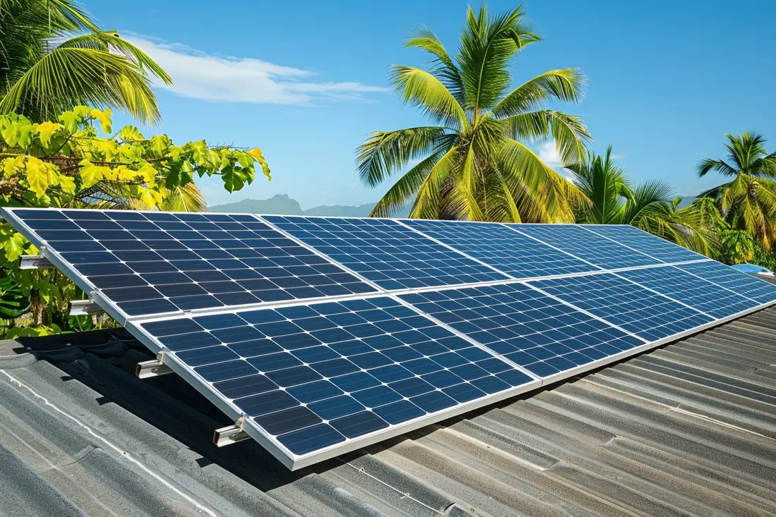 Installation photovoltaïque sur le toit d’un bâtiment professionnel dans un territoire français d’outre-mer.
