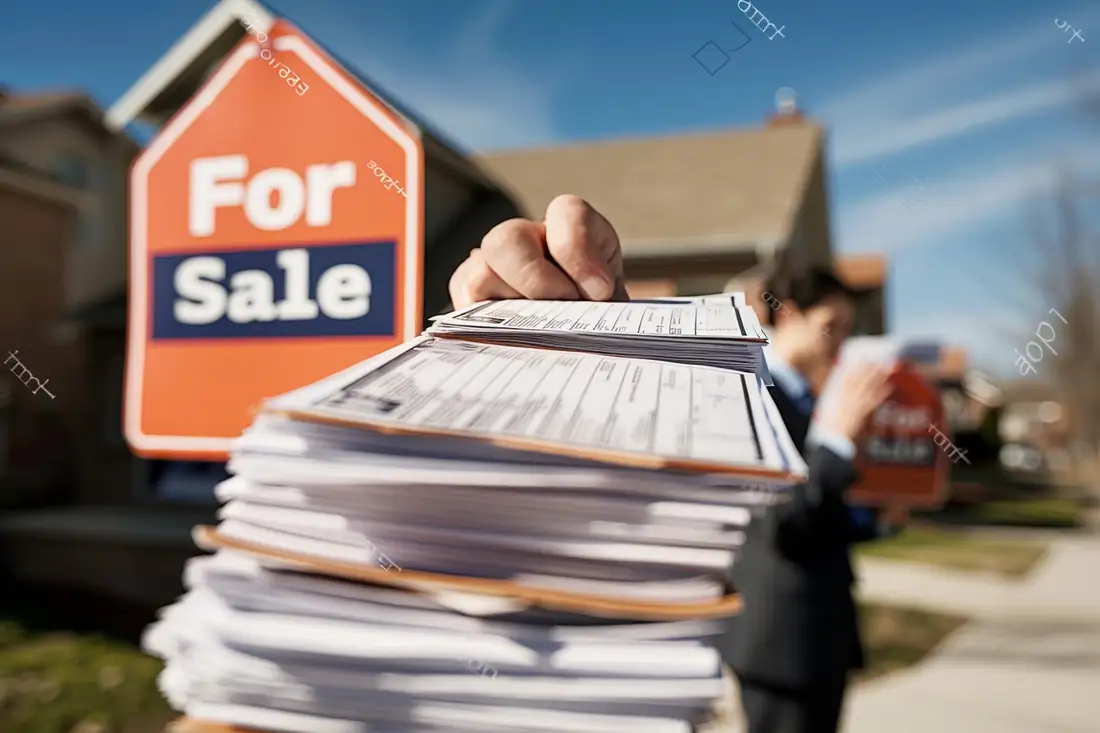 Dossier de vente immobilière, calculatrice et clés sur le bureau d’un office notarial français.