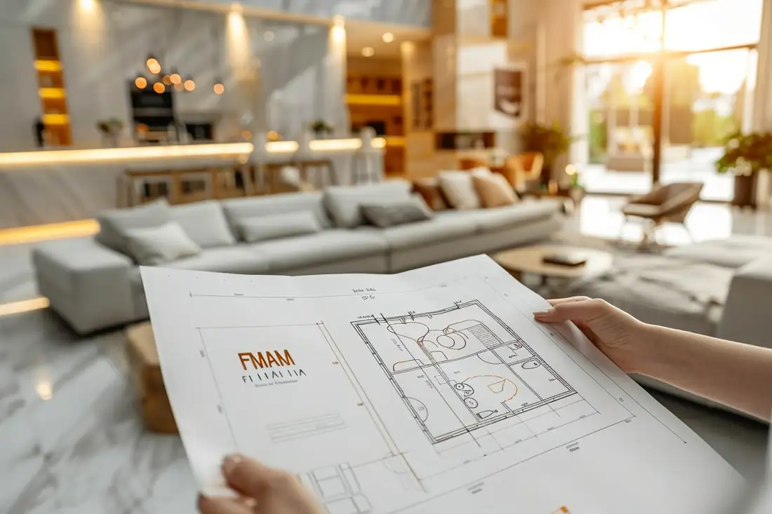 Un acquéreur examine le plan et la distribution des pièces d’un appartement ancien pendant une visite immobilière.