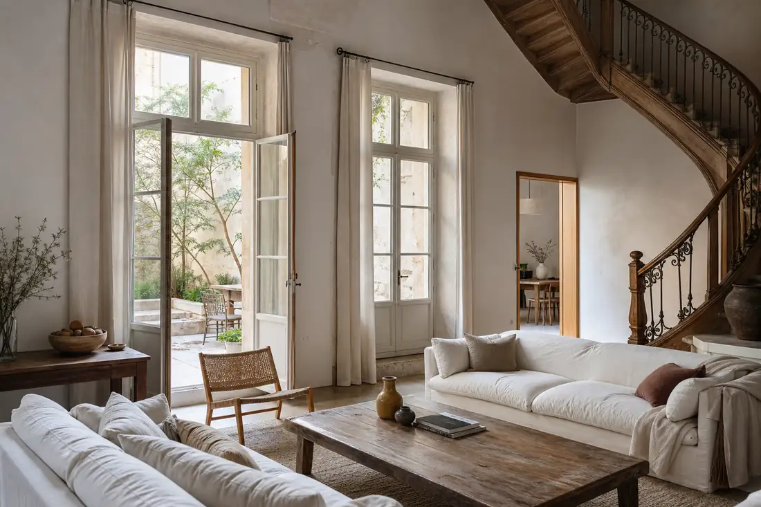 Intérieur rénové d’un hôtel particulier avec escalier ancien, mobilier contemporain et cour en pierre à Narbonne.