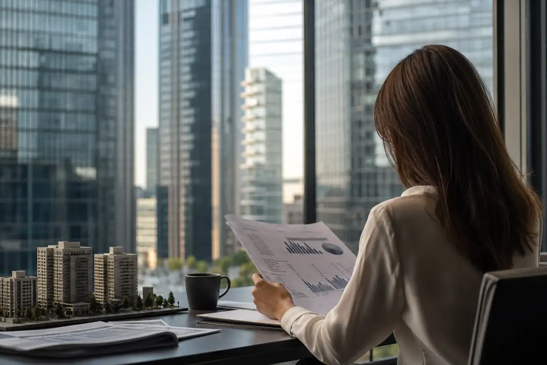 Analyste consultant des documents financiers devant un quartier d’affaires et des immeubles de bureaux modernes.