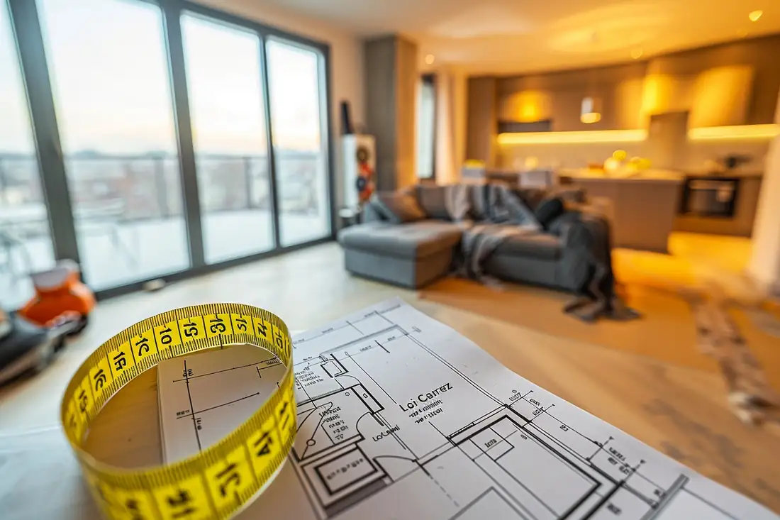 Mesurage d’une pièce d’appartement en copropriété avec télémètre laser avant une vente immobilière.