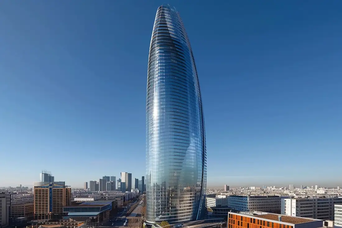 Tours de bureaux et dalle piétonne de La Défense au petit matin, avec un chantier tertiaire en arrière-plan.