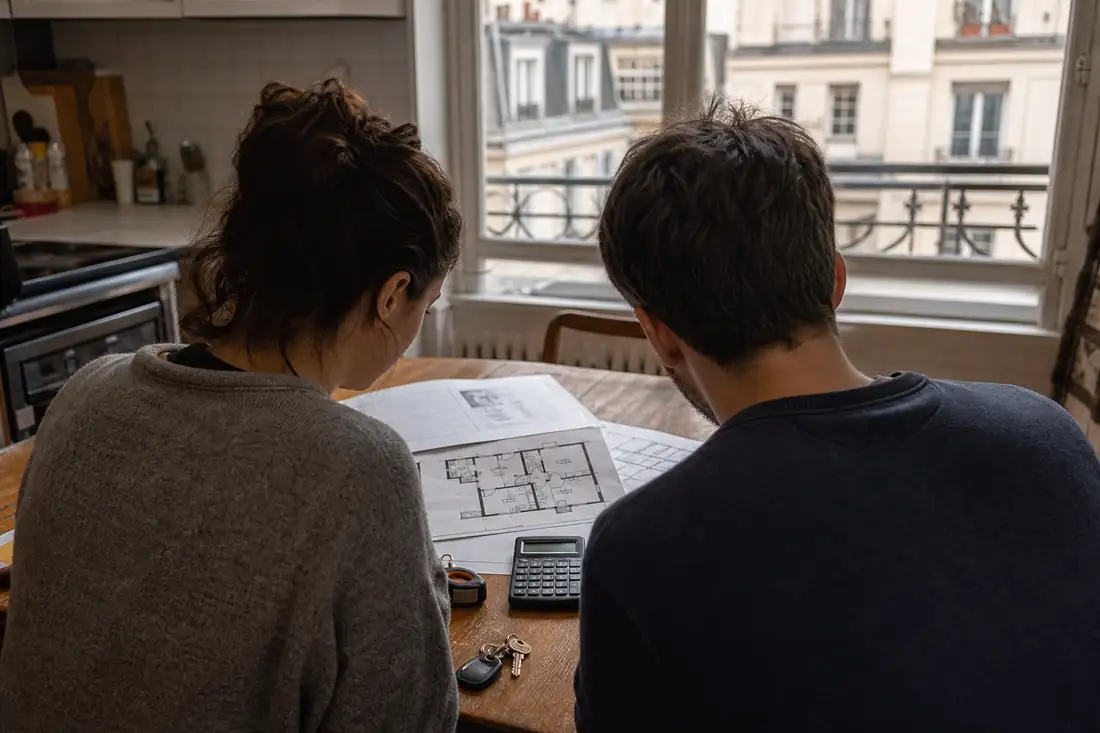 Couple de primo-accédants examinant leur budget et des plans lors de la visite d’un appartement ancien.
