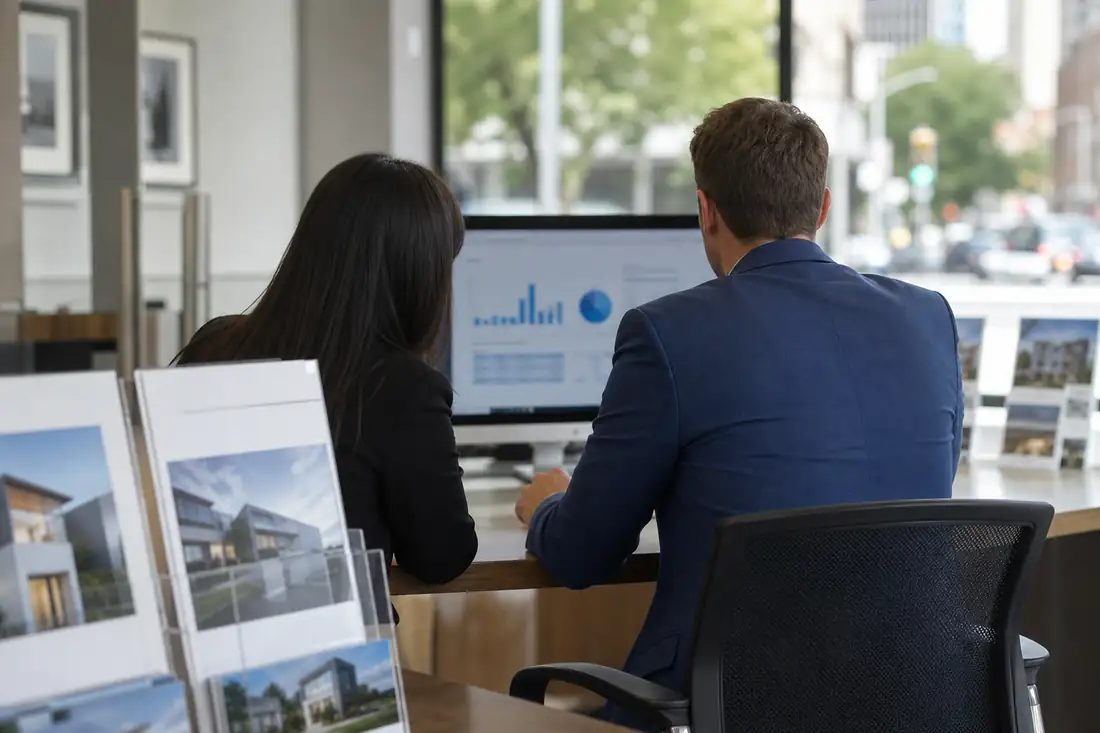 Conseillers immobiliers de dos devant une vitrine d’agence américaine et un écran boursier volontairement flou.