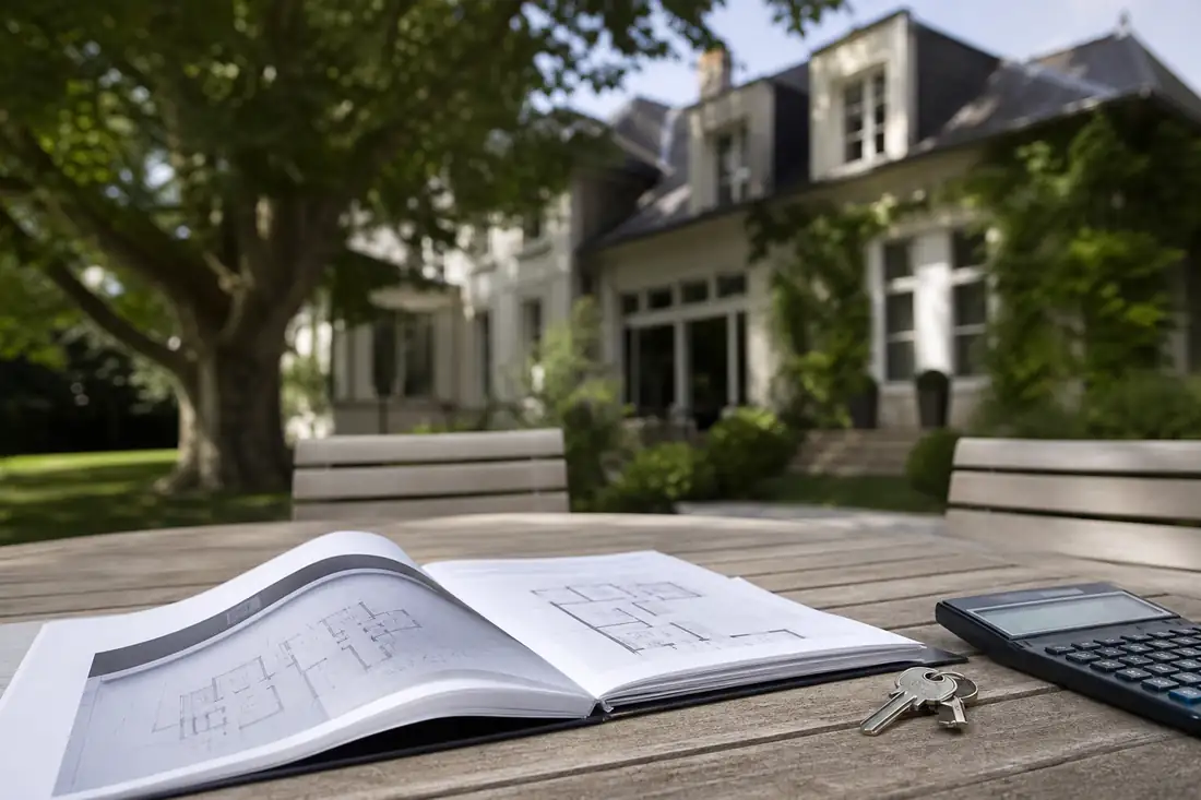 Maison contemporaine entourée d’arbres, avec dossier immobilier et plans posés sur une table de jardin.