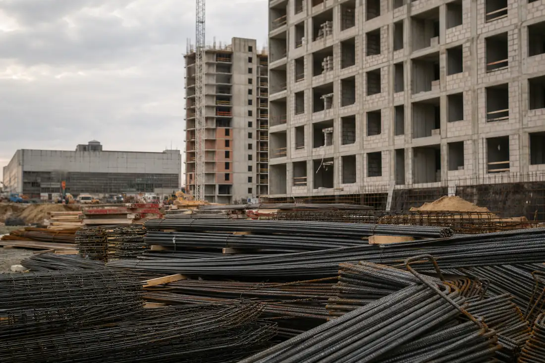 Barres d’acier empilées près d’un chantier résidentiel urbain, avec immeubles en construction à l’arrière-plan.
