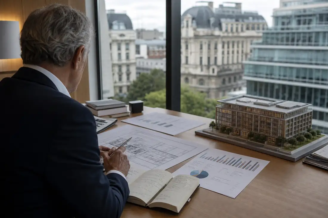Cadre immobilier travaillant sur des plans, des données de parc tertiaire et une maquette dans son bureau.