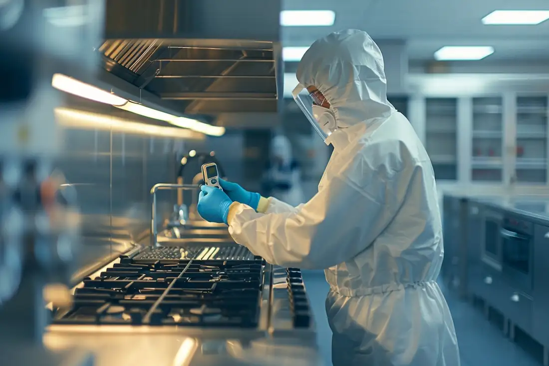 Diagnostiqueur contrôlant une chaudière et les canalisations de gaz dans la cuisine d’un appartement.