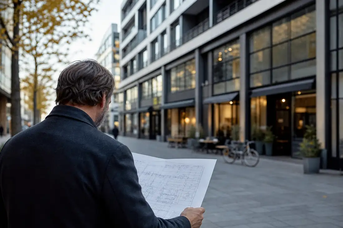 Immeubles commerciaux rénovés dans un quartier suisse avec rez-de-chaussée de boutiques et bureaux modernes.