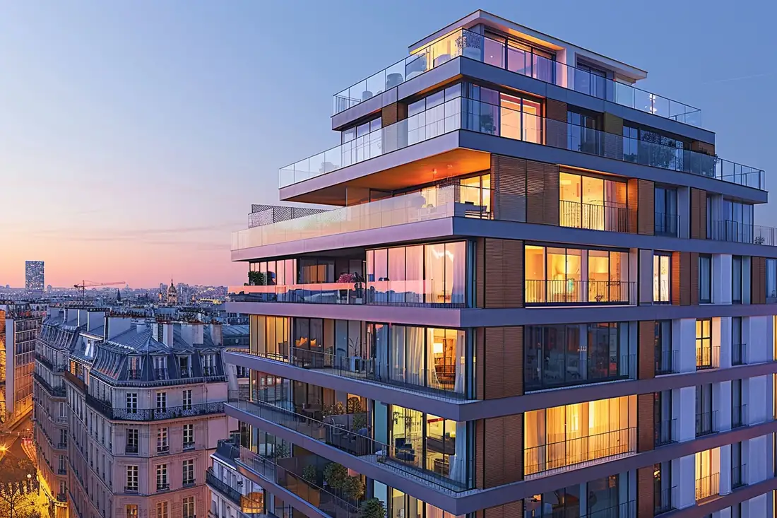 Immeubles haussmanniens et rue résidentielle parisienne observés près d’une agence immobilière.