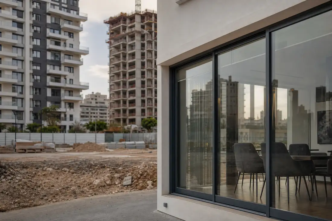 Chantier résidentiel et immeubles récents à Tel Aviv, avec un bureau de vente vide en premier plan.