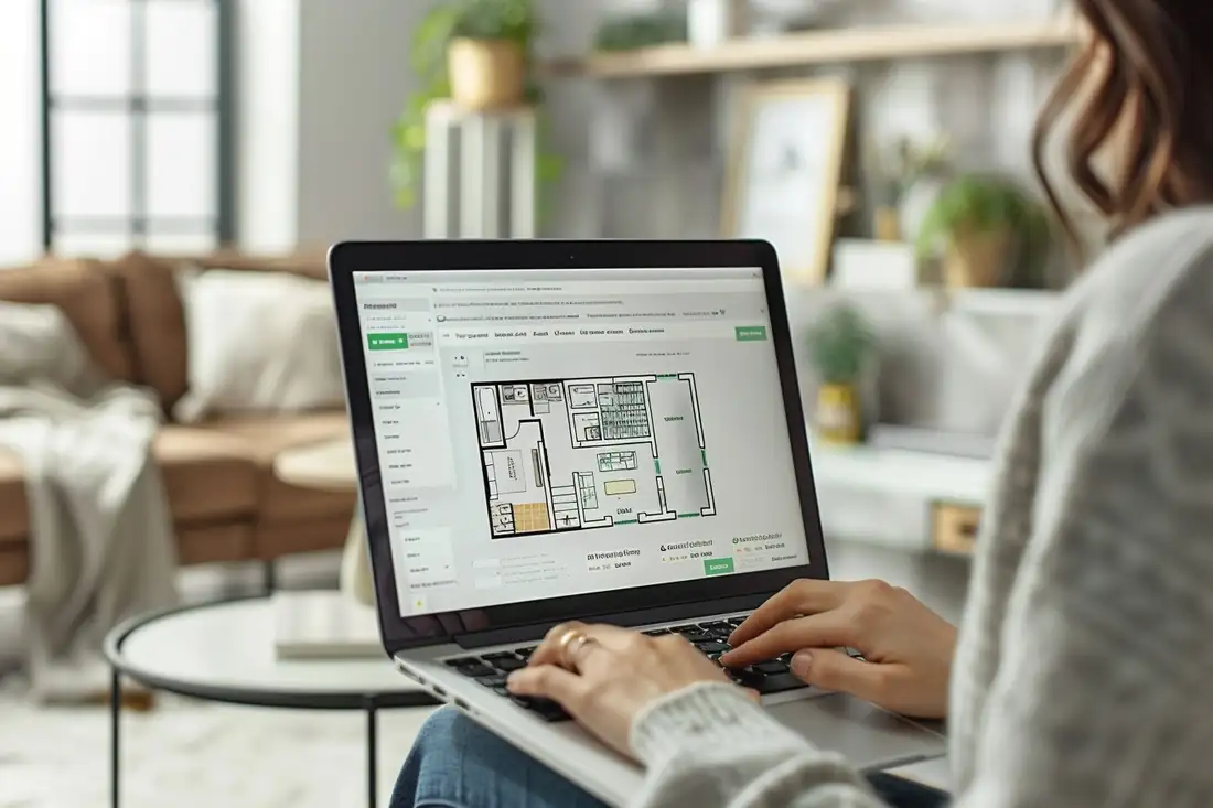 Des acquéreurs examinent un dossier de vente et un budget immobilier autour d’une table avec un conseiller.
