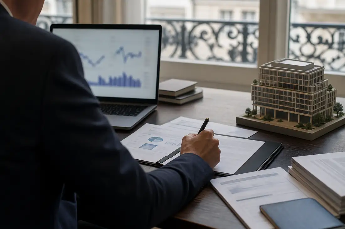 Bureau d’investissement avec maquette d’immeuble, documents financiers flous et écran de suivi boursier.