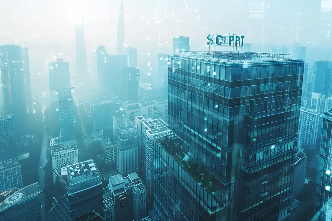 Investisseur consultant les documents d’une SCPI devant un immeuble de bureaux occupé en ville.