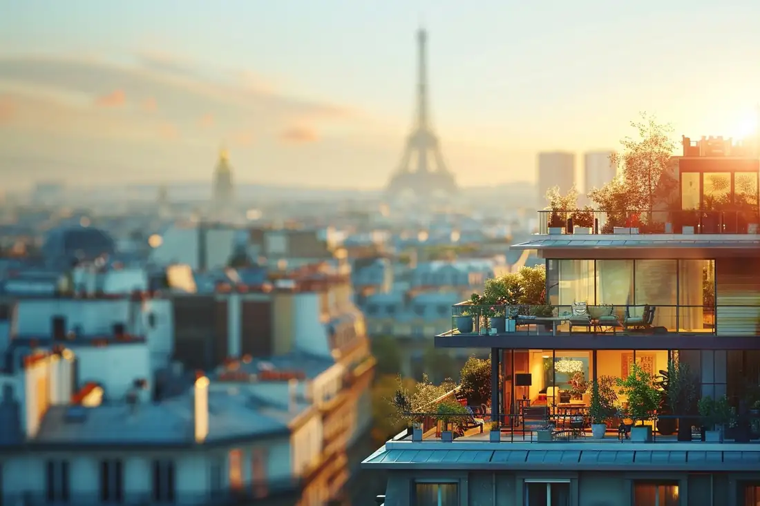 Immeubles haussmanniens et vitrine d’agence immobilière dans une rue résidentielle parisienne sans affichage lisible.