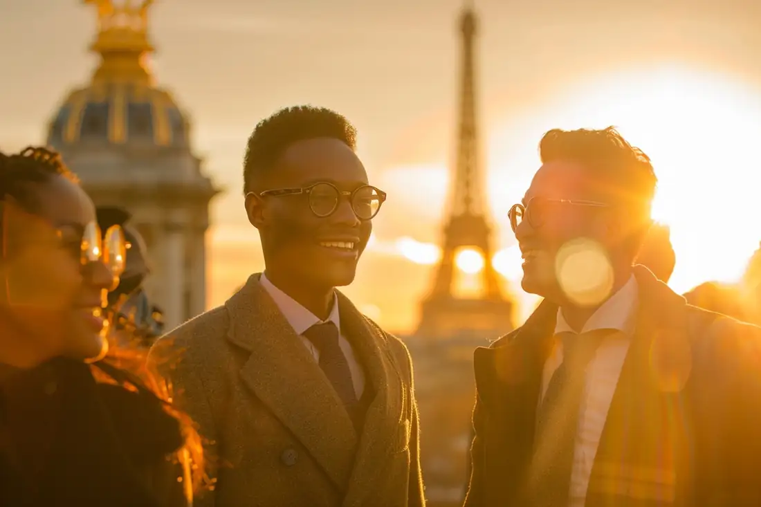 Acquéreur non résident consultant les plans d’un appartement parisien avec un notaire dans une étude lumineuse.