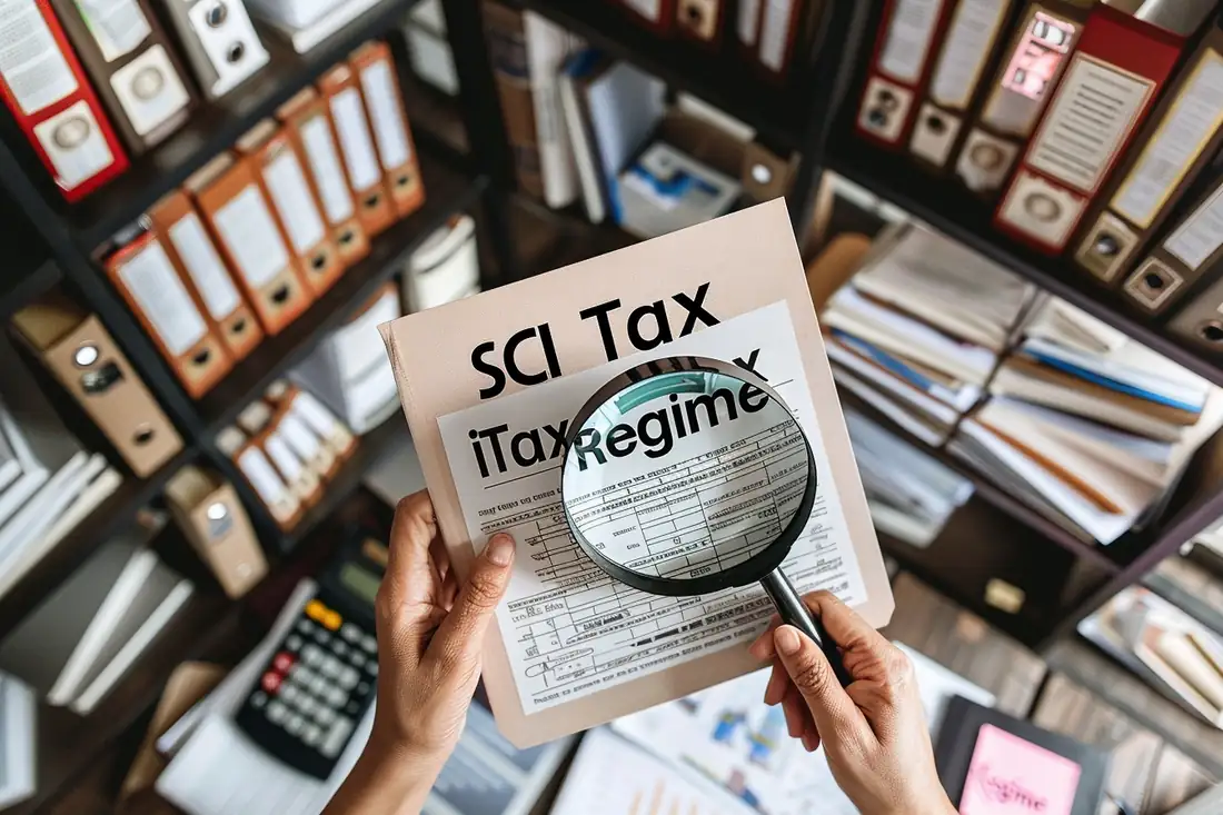Documents fiscaux, clés et calculatrice posés sur une table devant un immeuble résidentiel flou.