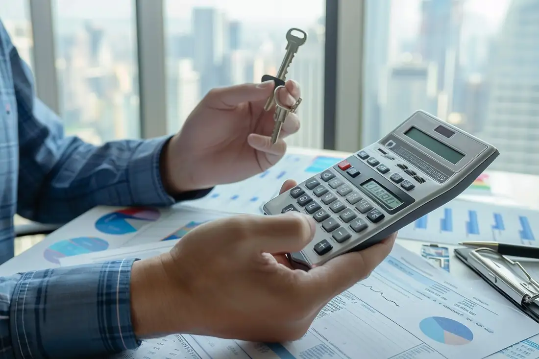 Emprunteur examinant une offre de prêt immobilier et calculant ses mensualités sur une table de cuisine.