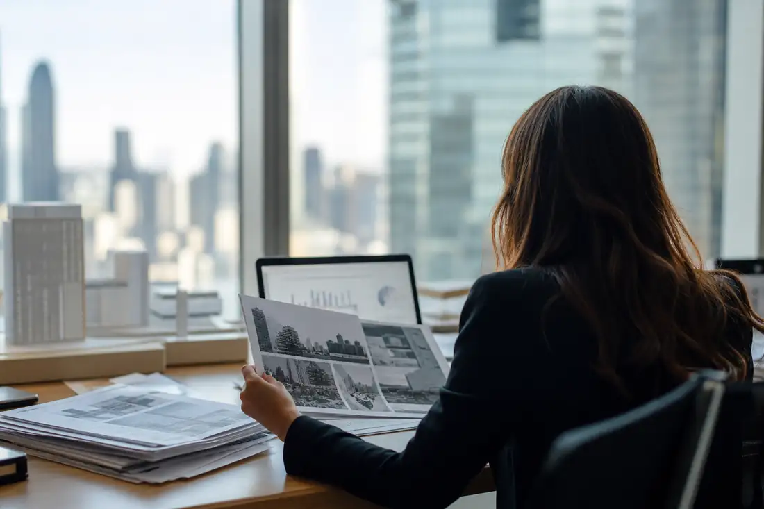 Analyste dans un bureau face à une skyline américaine, examinant un portefeuille d’investissements immobiliers.