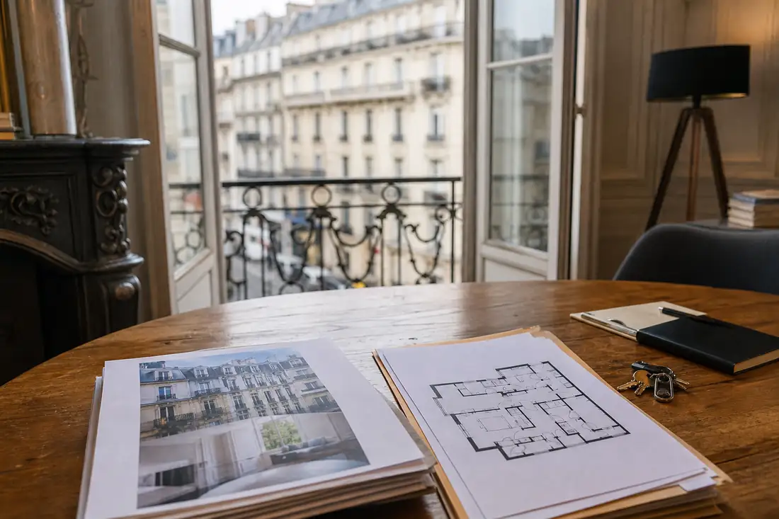 Dossier d’acquisition et clés posés dans un appartement parisien avec vue sur des immeubles haussmanniens.