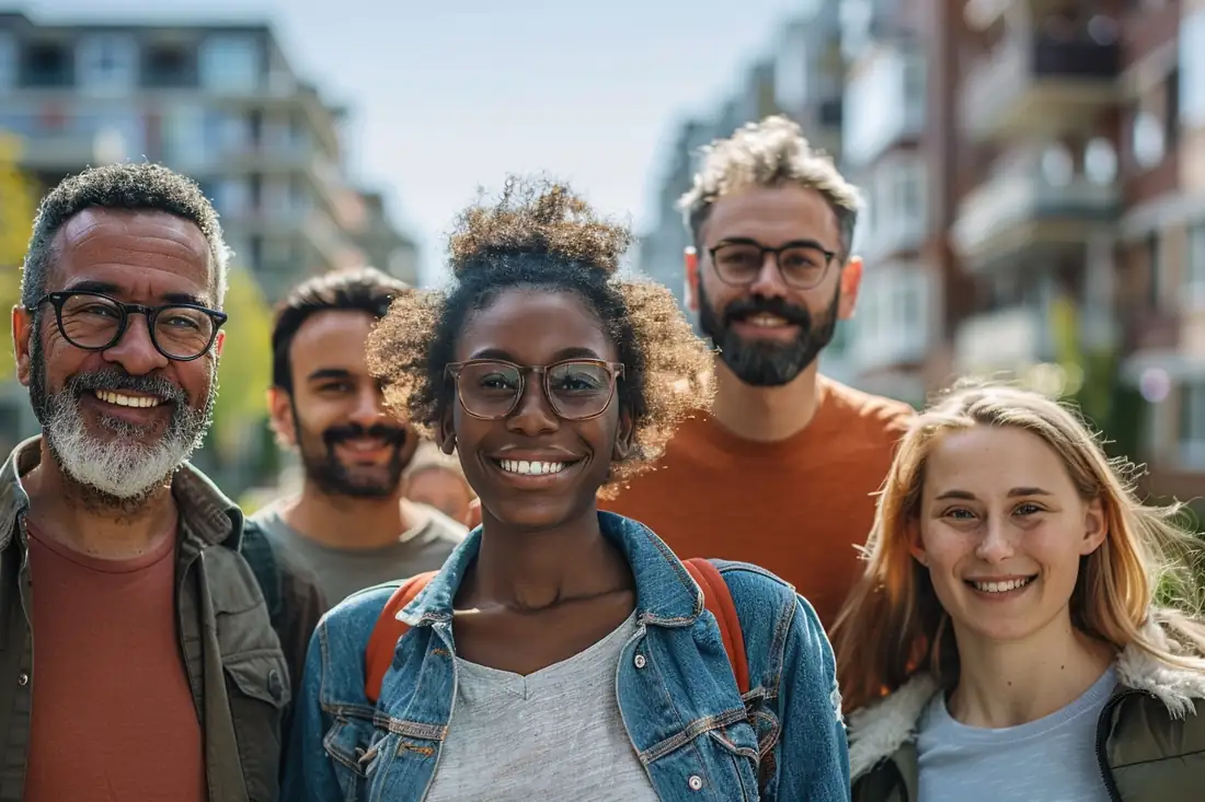 Couple vu de dos étudiant un dossier de financement immobilier avec une conseillère en agence.