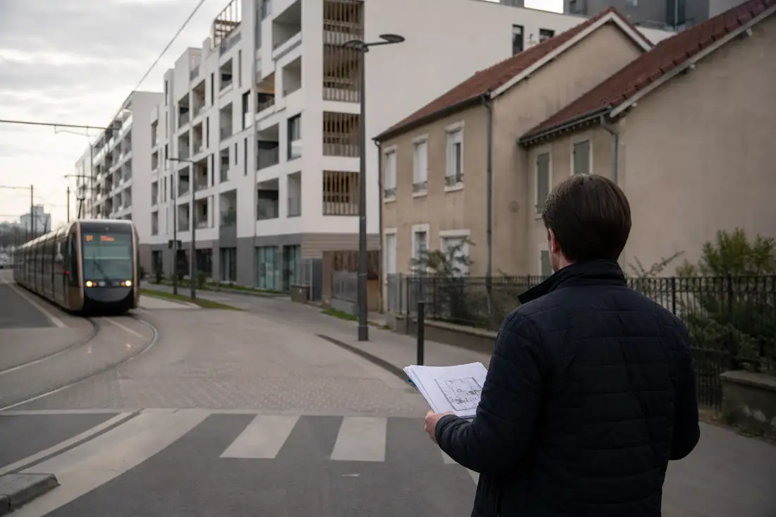 Investisseur observant un quartier résidentiel français avec immeubles anciens, transports et commerces de proximité.