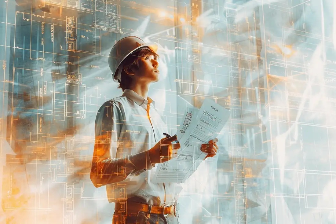 Propriétaires examinant des plans devant le chantier d’une maison individuelle en construction.