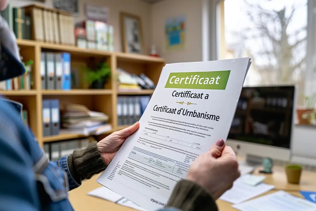 Dossier cadastral et plan de construction examinés sur un bureau avant une demande d’urbanisme en mairie.