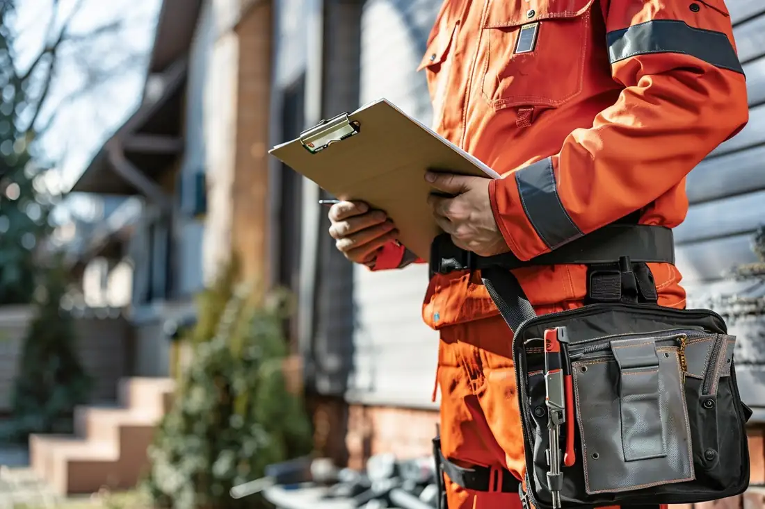 Diagnostiqueur contrôlant un tableau électrique dans un appartement destiné à la location.