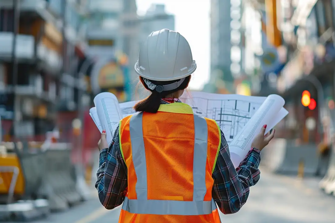 Panneau de permis devant un chantier de maison individuelle avec plans posés sur une table de chantier.