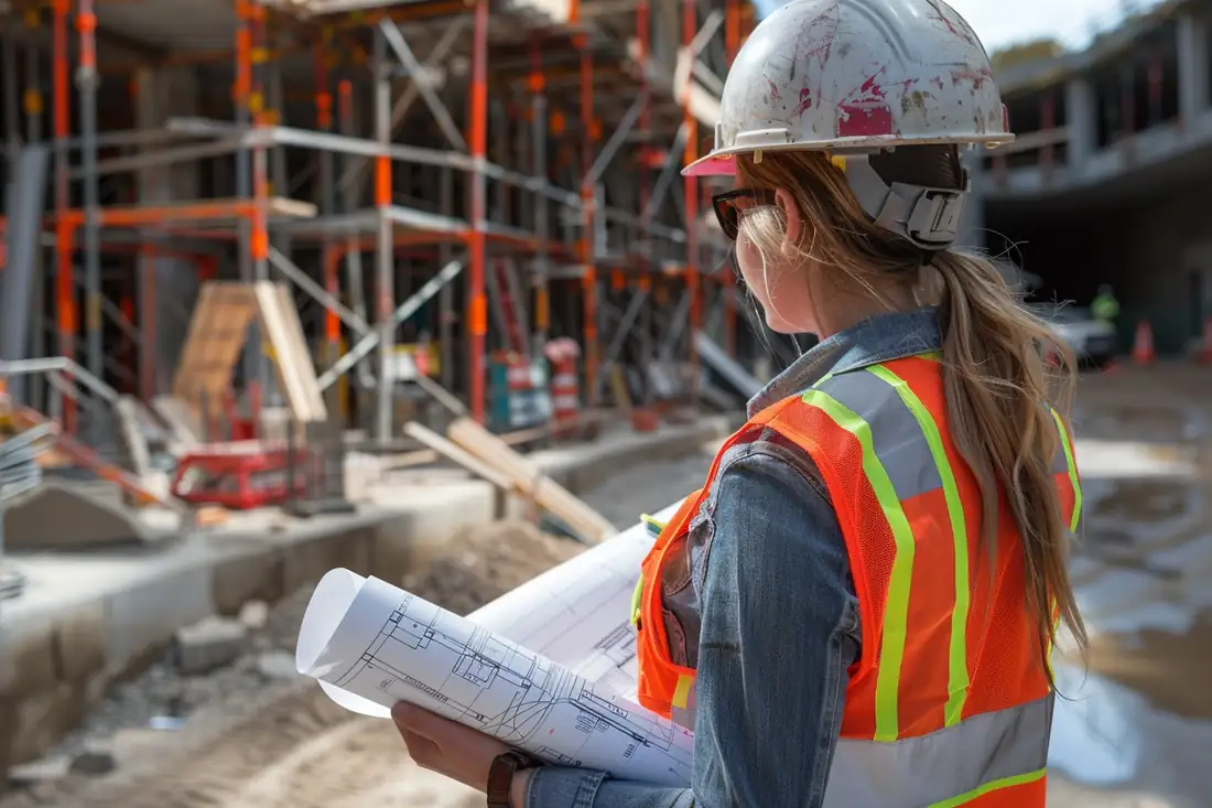 Plans d’extension de maison et dossier d’urbanisme préparés sur une table face à un jardin résidentiel.